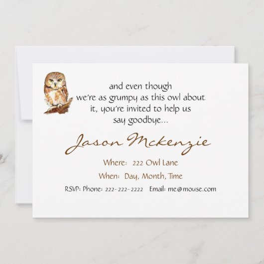 不機嫌おもしろいなフクロウのお別れパーティー 招待状 (裏面)