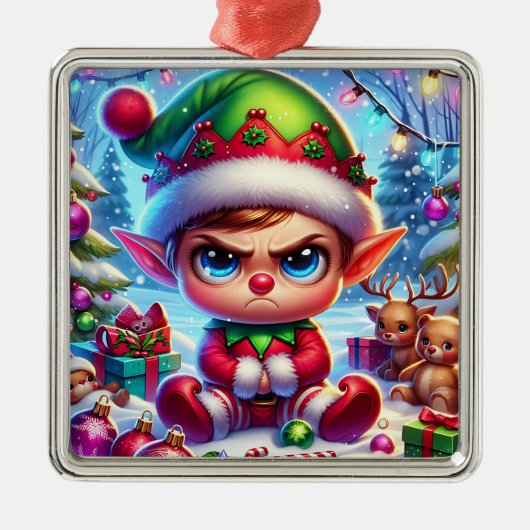 不機嫌おもしろいな小妖精や小人クリスマス メタルオーナメント (正面)