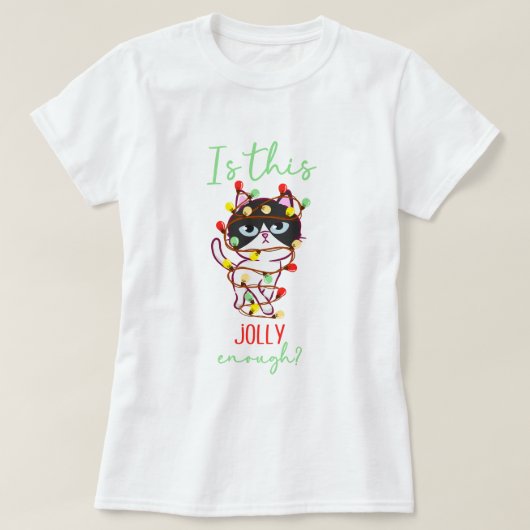 不機嫌おもしろいな猫がクリスマスライトを絡んだ Tシャツ (デザイン正面)