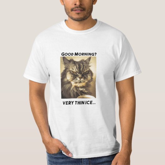 不機嫌おもしろいな猫モーニングコーヒーミームアート Tシャツ (正面)