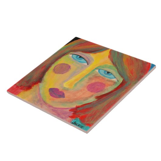 不機嫌そうな抽象芸術ポートレートの赤毛の女性 タイル (側面)