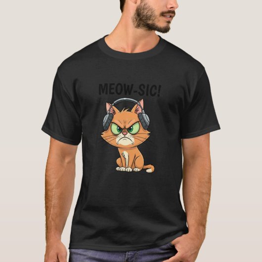 不機嫌そうな猫のミャウジックヘッドホン 楽しい音楽 Tシャツ (正面)