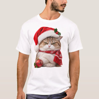 不機嫌そうな顔でサンタの帽子をかぶった猫 Tシャツ
