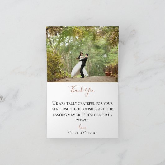 不機嫌で青い銅の金属結婚式の写真は感謝していしています サンキューカード (内部)