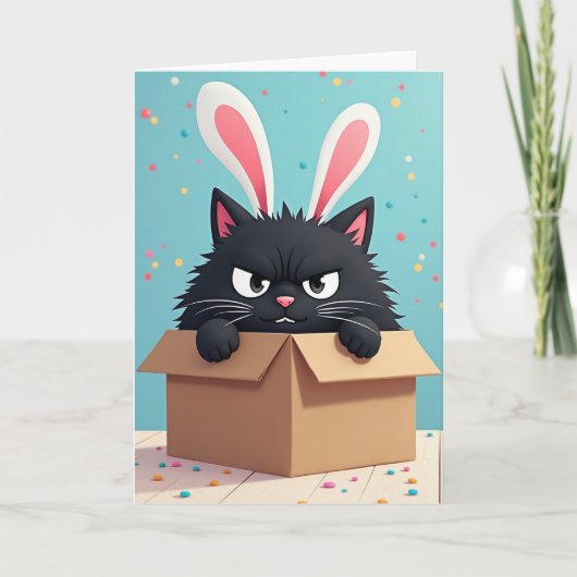 不機嫌なウサギ猫の誕生日カード カード (正面)