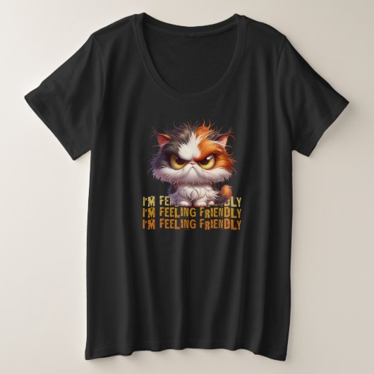 不機嫌なカリコキャットとおもしろい引用文 プラスサイズTシャツ (デザイン正面)