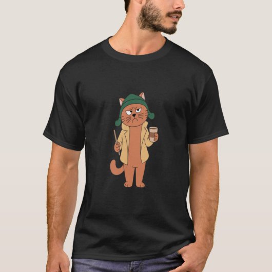 不機嫌なコーヒー猫のイラスト 楽しい朝の気分 Tシャツ (正面)