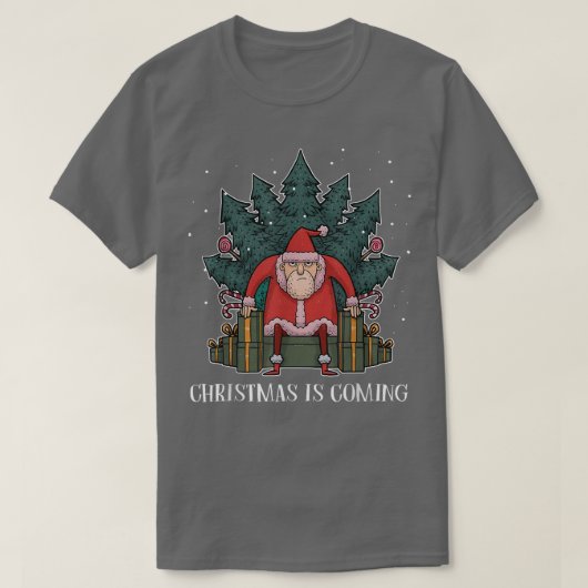 不機嫌なサンタクロースの木の現在の玉座クリスおもしろいさん Tシャツ (デザイン正面)
