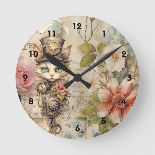 不機嫌なスチームパンクキャットコラージュヴィンテージ紙バラ ラウンド壁時計 (正面)