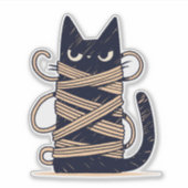 不機嫌なチビ(小さくかわいく書いた感じ)黒猫が糸に絡んだ シール (正面)