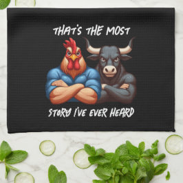 不機嫌なニワトリと牛が腕を組んで睨む キッチンタオル