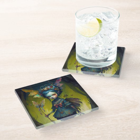 不機嫌な妖精のピクシーファンタジーアート ガラスコースター (アングル)