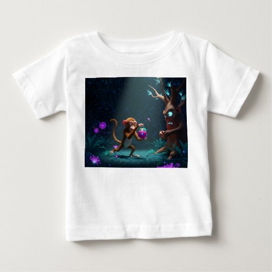 不機嫌な木から魔法の果物を盗むサル ベビーTシャツ (正面)