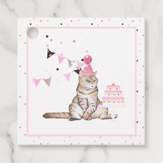 不機嫌な猫の誕生日パーティーメッセージカード フェイバータグ (正面)