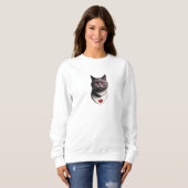 不機嫌な猫の赤い目とハートの首輪のTシャツ - Fu スウェットシャツ (正面フル)