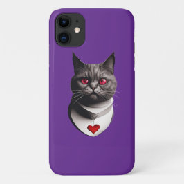不機嫌な猫の赤い目とハートの首輪のTシャツ – Fu iPhone 11 ケース