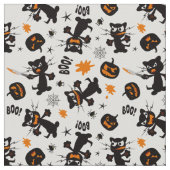 不機嫌な黒いハロウィーン猫、クモ、カボチャ ファブリック (クローズアップ)