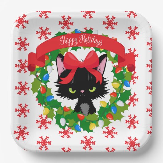 不機嫌な黒猫クリスマスにドレスアップ ペーパープレート (正面)