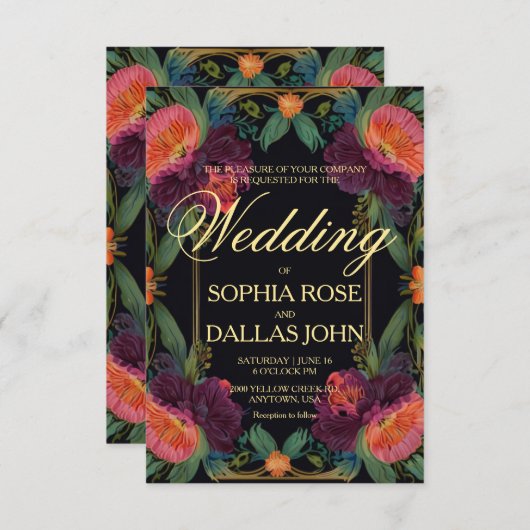 不機嫌エレガントなピーチのピンクボホフローラ 招待状 (正面/裏面)