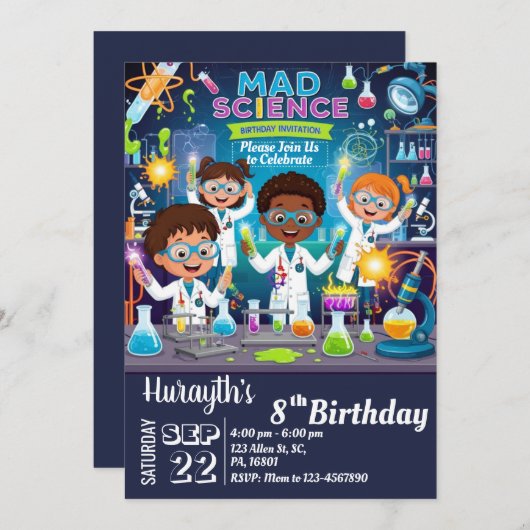 不機嫌サイエンス誕生日招待状for Boy & Girl 招待状 (正面/裏面)