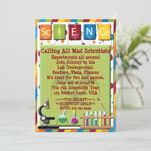 不機嫌サイエンティストビーカー危険顕微鏡招待状 招待状 (スタンド正面)