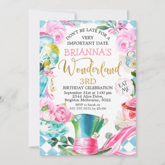 不機嫌ハッタアリスインワンダーランド誕生日招待状 招待状 (正面)