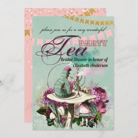 不機嫌ハッタアリスヴィンテージティーパーティーブライダルシャワー 招待状 (正面/裏面)