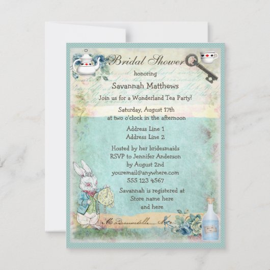 不機嫌ハッタワンダーランドティーパーティーブライダルシャワー 招待状 (裏面)