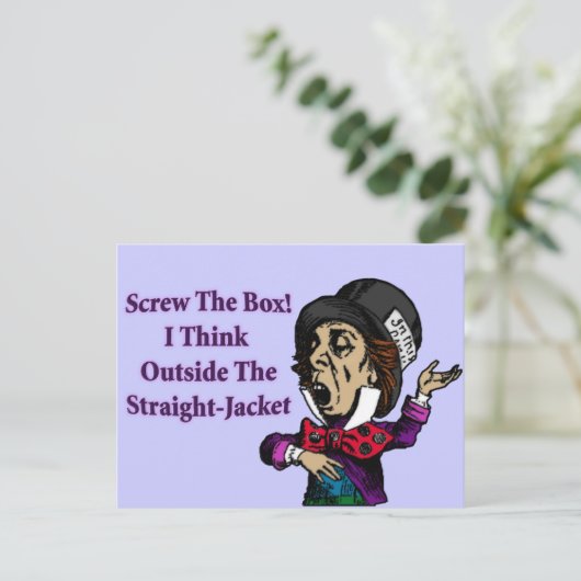 不機嫌ハッターおもしろいやる気を起こさせる引用文 ポストカード (スタンド正面)