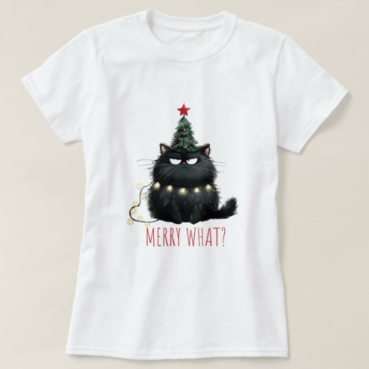 不機嫌メリーな猫のクリスマスシャツ Tシャツ (デザイン正面)