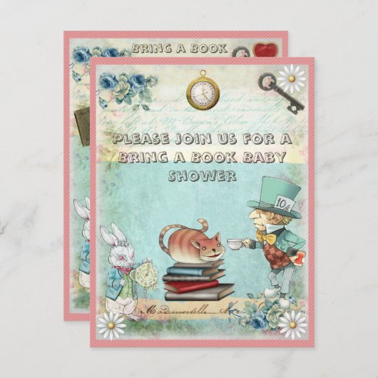 不機嫌帽子屋さんが女の子に本のベビーシャワーを持って来る 招待状 (正面/裏面)