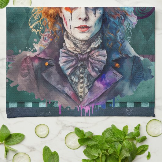 不機嫌帽子水彩ポートレート キッチンタオル (折り畳み)