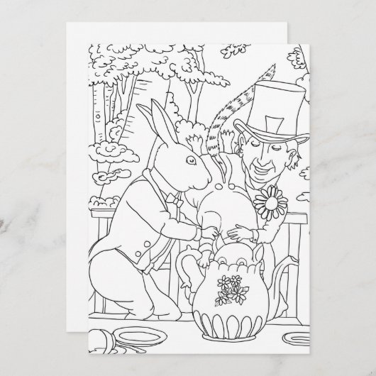 不機嫌帽子白うさぎドアマウスのカラーリングページ 招待状 (正面/裏面)