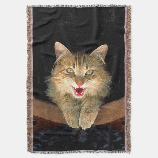 不機嫌絵画猫の可愛いオリジナル猫アート スローブランケット (正面縦)