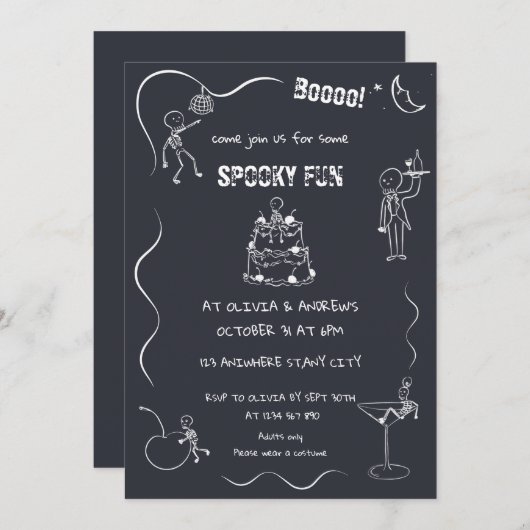 不気味おもしろいスケルトン黒大人ハローウィンパーティ 招待状 (正面/裏面)