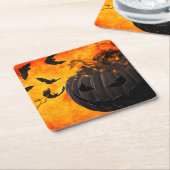 不気味かぼちゃとこうもりイラストレーション スクエアペーパーコースター (アングル)