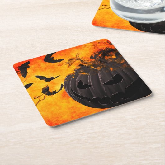 不気味かぼちゃとこうもりイラストレーション スクエアペーパーコースター (アングル)