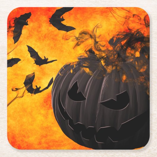 不気味かぼちゃとこうもりイラストレーション スクエアペーパーコースター (正面)