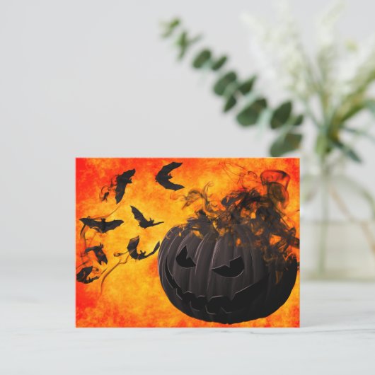 不気味かぼちゃとこうもりイラストレーション ポストカード (スタンド正面)