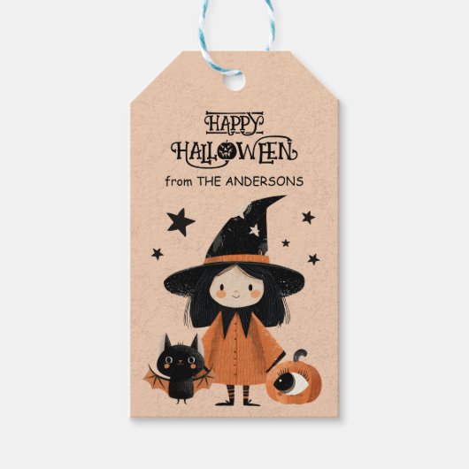 不気味かわいい魔女の水彩ハッピーハローウィン ギフトタグ (正面)
