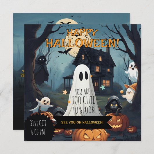 不気味かわいい10月幽霊カボチャパーティー 招待状 (正面/裏面)