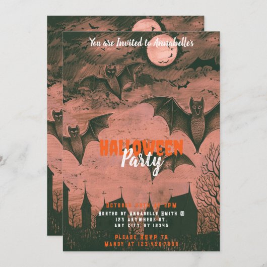 不気味こうもりと満月ハローウィンパーティ 招待状 (正面/裏面)