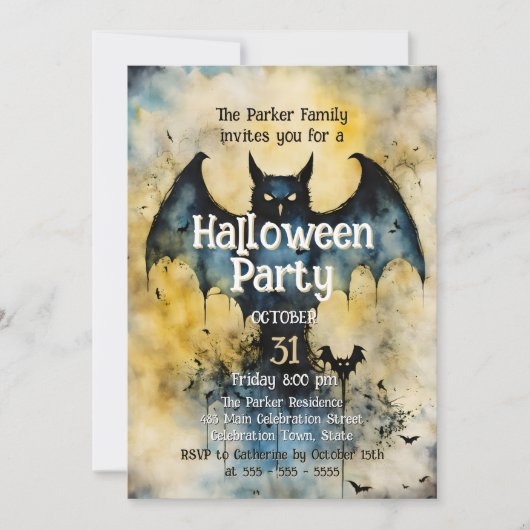 不気味こうもりシルエットトワイライトハローウィンパーティ 招待状 (正面)