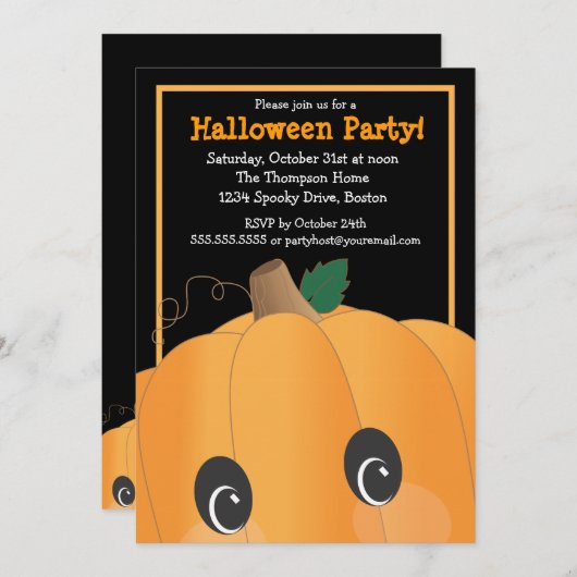 不気味でかわいいカボチャ頭部のハローウィンパーティ 招待状 (正面/裏面)