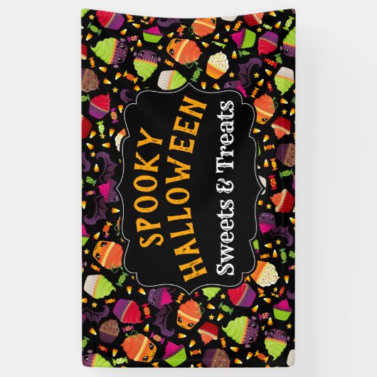 不気味でかわいいハロウィンモンスターのカップケーキ 横断幕 (縦)