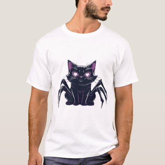 不気味で可愛い猫のスパイダー+ハートアイ オーバーサイズ Tシャツ (正面)