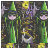 不気味で大きい目の緑の魔法使いの女の子の幽霊の小悪魔 ファブリック (クローズアップ)