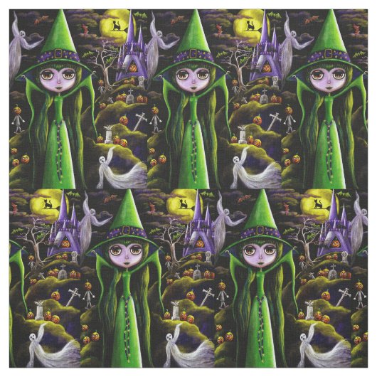 不気味で大きい目の緑の魔法使いの女の子の幽霊の小悪魔 ファブリック (見本)