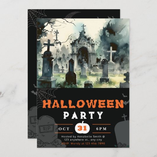不気味で怖い墓地ブラックハロウィーン 招待状 (正面/裏面)