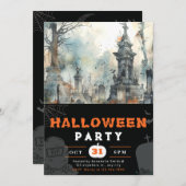 不気味で怖い墓地ブラックハロウィーン 招待状 (正面/裏面)